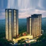 Architectural rendering of residential towers at dusk