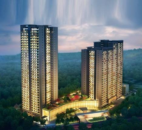 Architectural rendering of residential towers at dusk